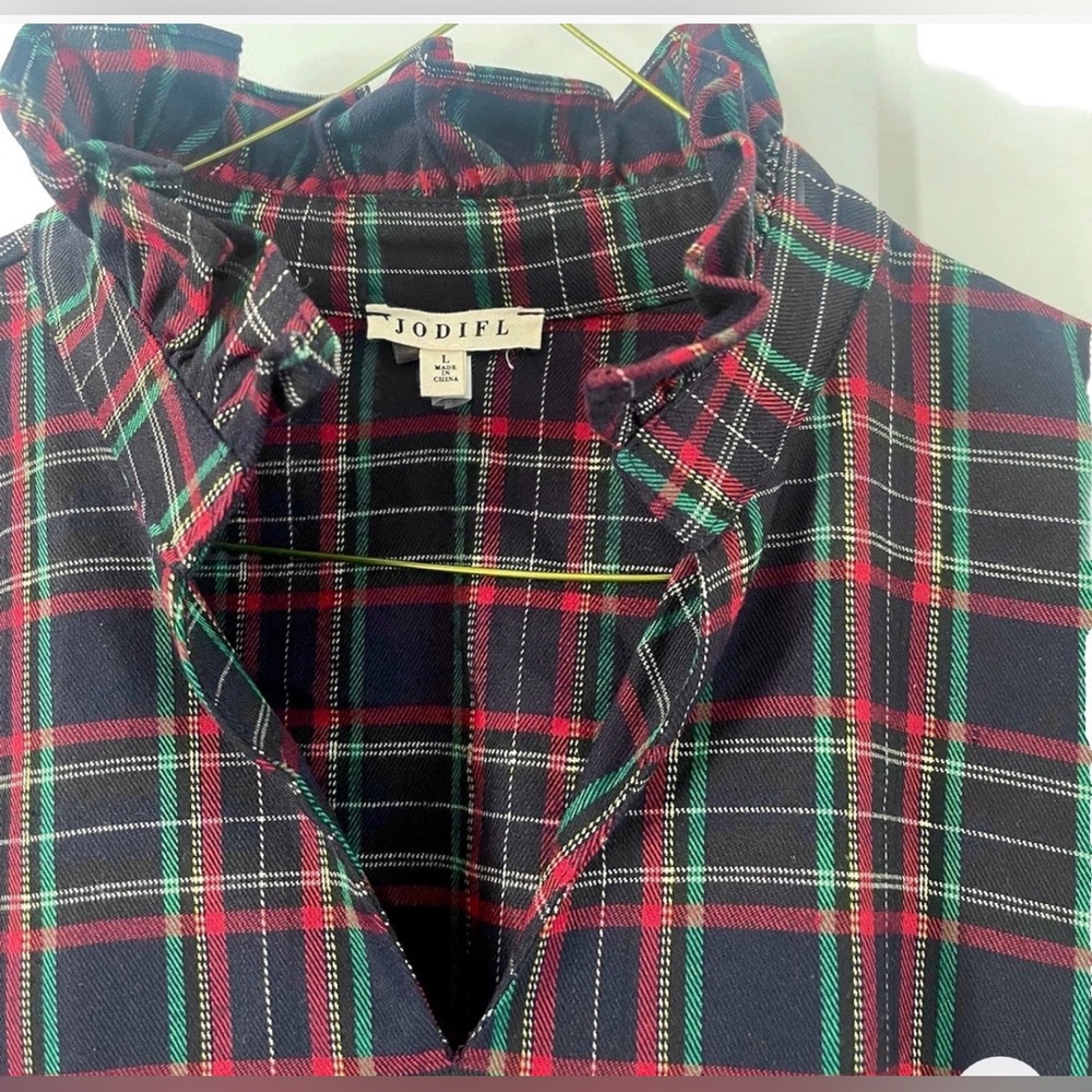 Highland Tartan Plaid Ruffle High Collar Dress Sz Large POCKETS Puff Sleeves - Picture 3 of 5